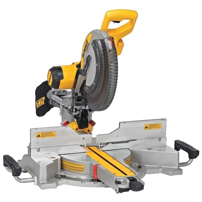 DEWALT 12 inch 15 Amp Dual Bevel Sliding Compound Miter Saw Model DWS780 displayed on a white background showing the yellow and silver metal construction.