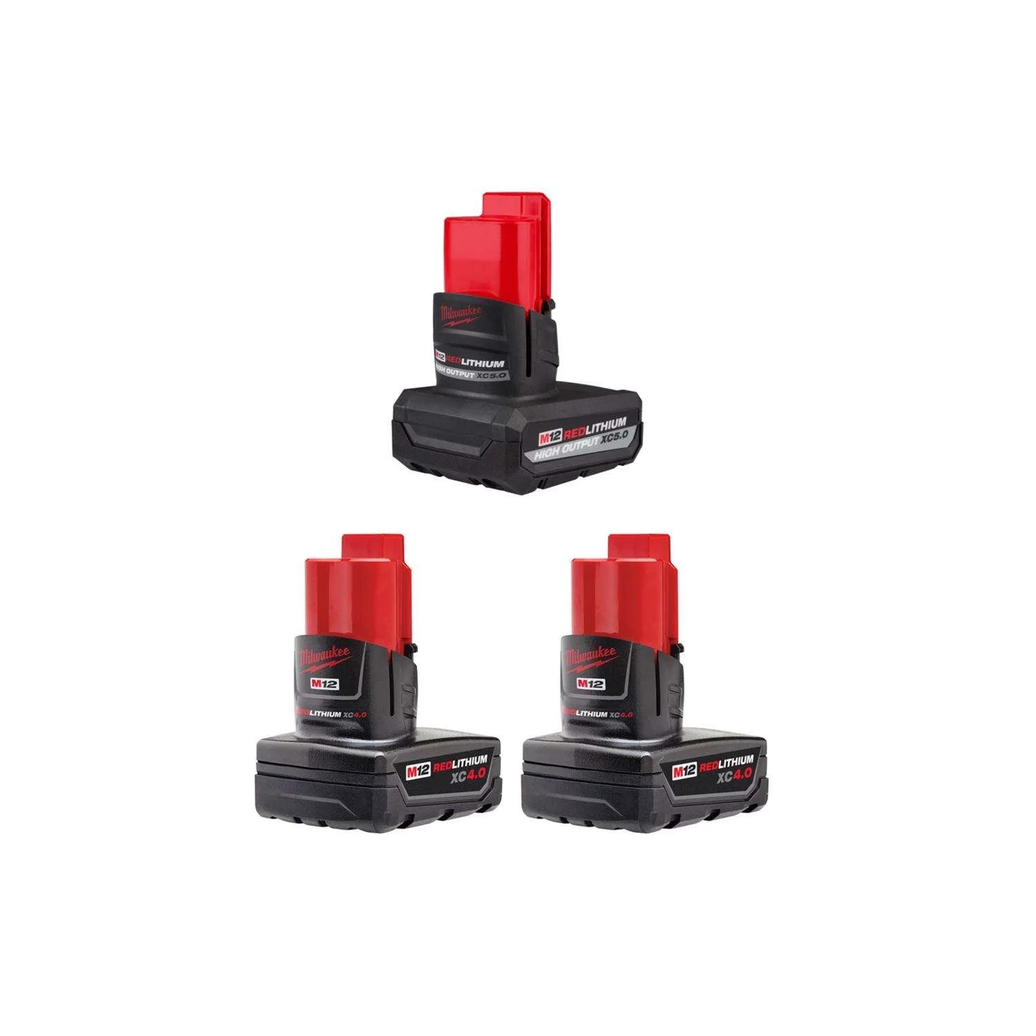 Three Milwaukee M12 REDLITHIUM XC batteries including two 4.0Ah packs and one 5.0Ah High Output pack displayed together for a bundle deal.