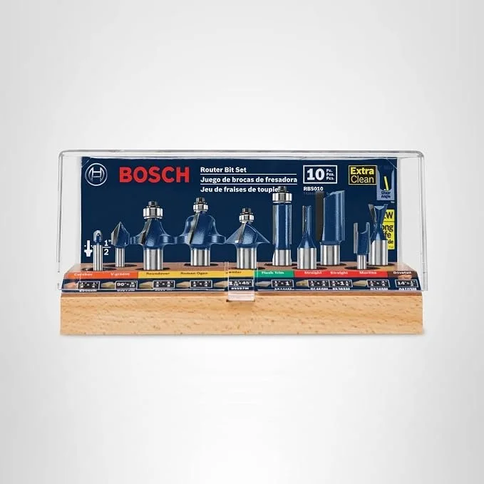 BOSCH RBS010 10 Piece Carbide Tipped Professional Router Bit Set with 1/2 inch and 1/4 inch shank bits in storage case on sale at Amazon