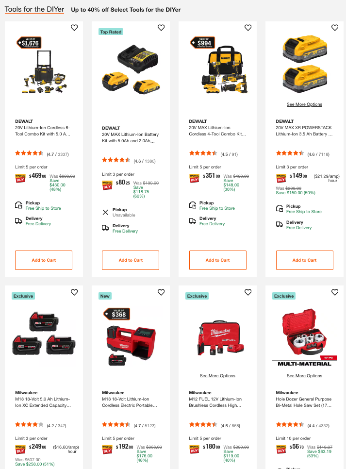 A collection of professional power tools including drills and saws displayed on a workbench with a 40% off promotional banner.
