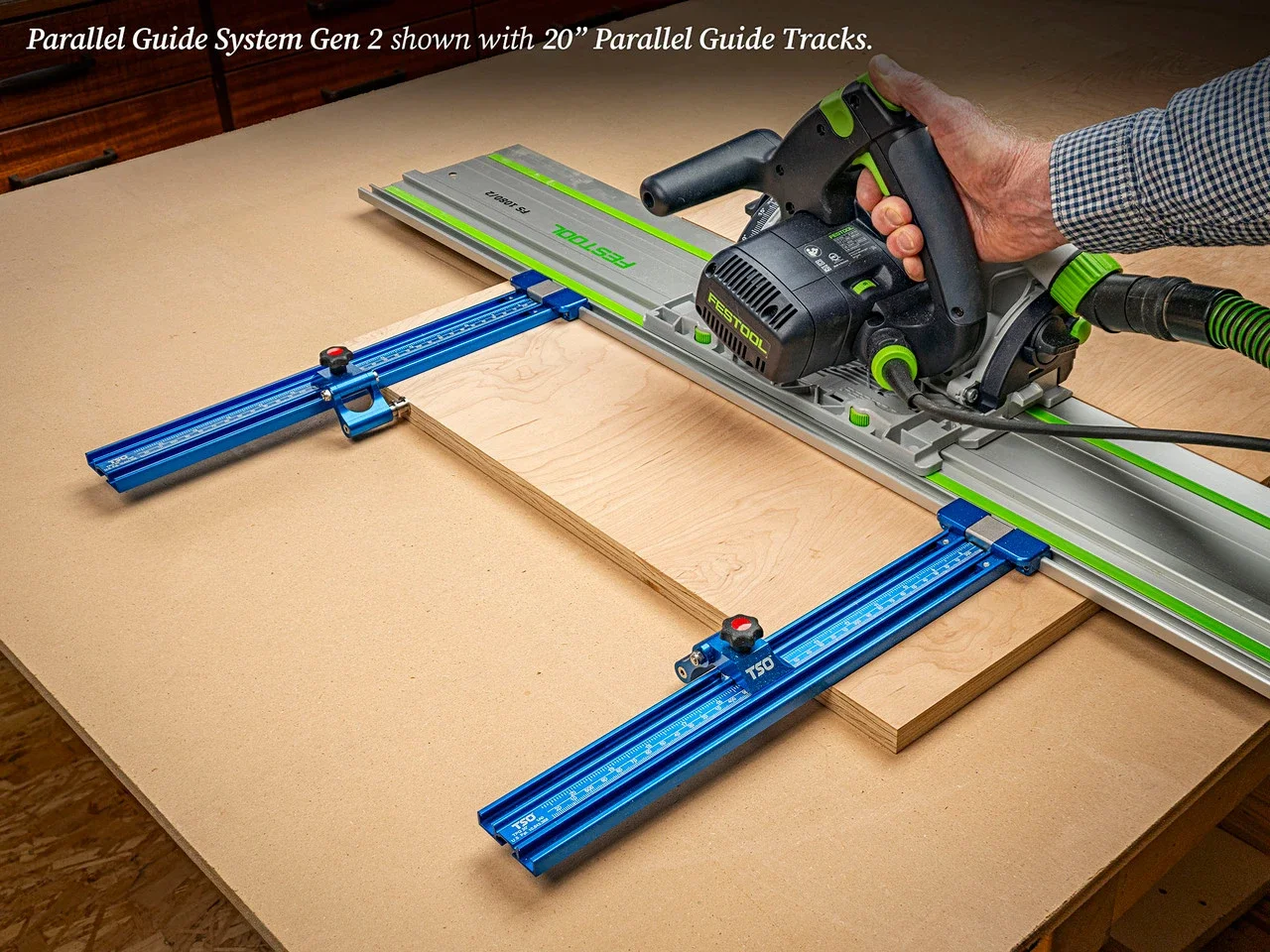 TSO Products precision woodworking tools including guide rail squares and dog stops