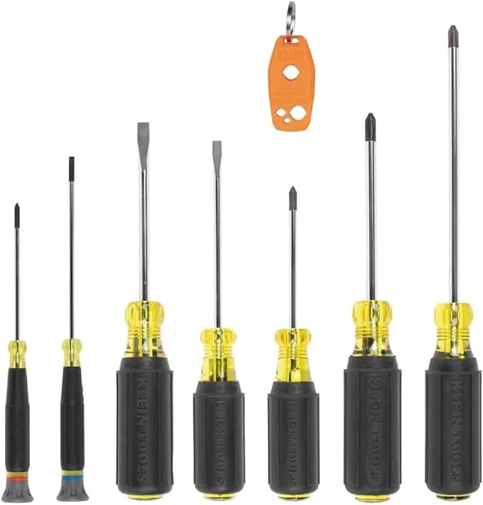Klein Tools 85808 8-Piece Screwdriver Set with yellow and black cushion grip handles and magnetizer tool on a white background.