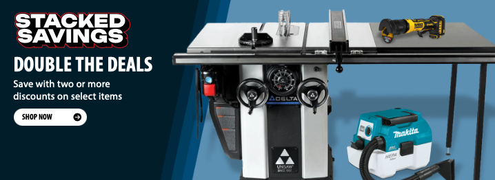 Acme Tools Stacked Savings sale banner showing double discount pricing on popular tools, limited time offer ending August 31, 2026