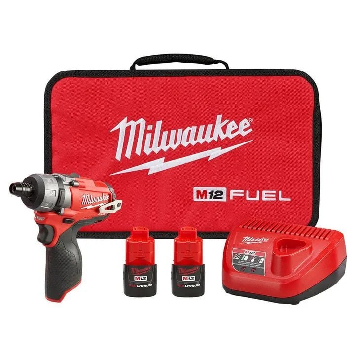Milwaukee M12 FUEL 2 speed cordless screwdriver kit with two 2.0 batteries, charger, belt clip, and soft case on sale for $149, 25% off
