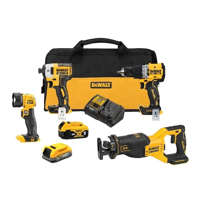 DEWALT 20V MAX XR brushless 4 tool combo kit with hammer drill, impact driver, reciprocating saw, LED work light, POWERSTACK compact battery, 5.0Ah battery, charger, and tool bag