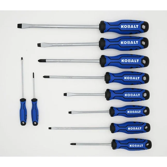 Kobalt 10 Piece Magnetic Screwdriver Set showing the chrome vanadium shafts and comfortable bi material grips.