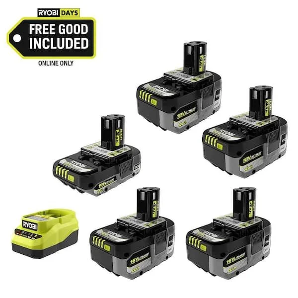A RYOBI ONE 18V high performance lithium ion battery kit featuring multiple 4.0 Ah batteries a 2.0 Ah battery and a compatible battery charger.