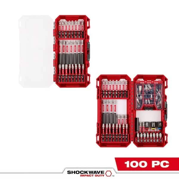Milwaukee SHOCKWAVE Impact Duty 100 piece alloy steel screw driver bit set in a red PACKOUT compatible case.