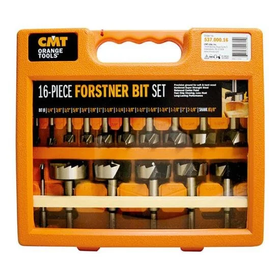 CMT Orange Tools 16 piece Forstner bit set in a wooden storage case showing sizes from 1/4 inch to 2 1/8 inches with 45% off discount.
