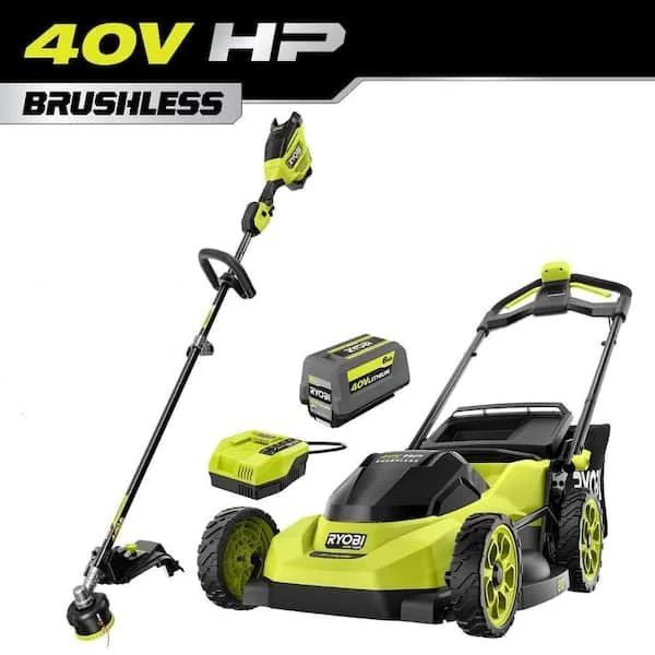 RYOBI 40V HP Brushless 20 inch cordless walk behind mower and attachment capable string trimmer with battery and charger.