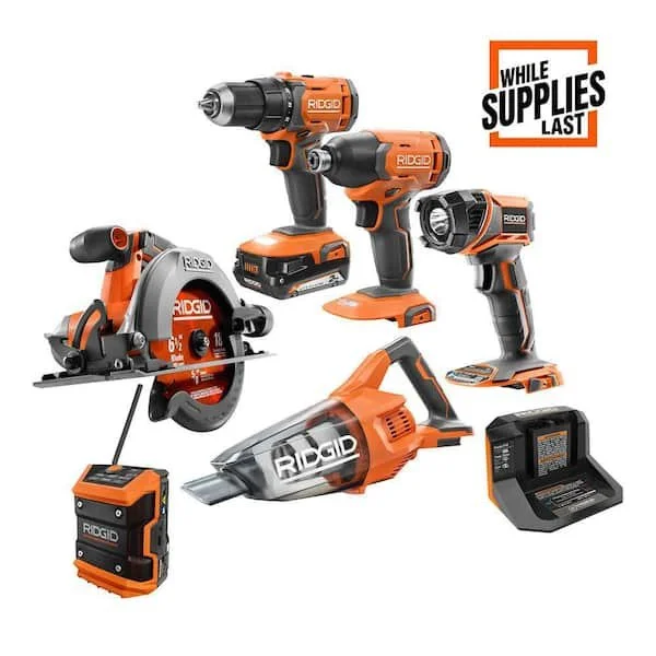 RIDGID 18V Cordless 6 Tool Combo Kit with drill driver, impact driver, circular saw, hand vacuum, LED torch light, and Bluetooth radio $241.93 off today only at Home Depot