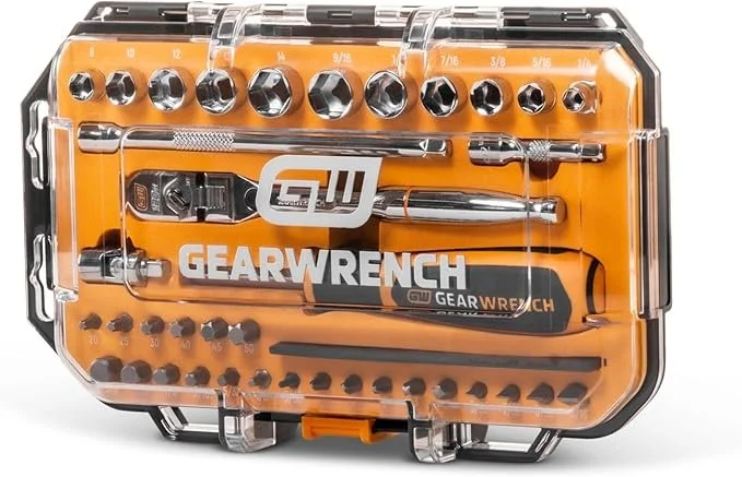 GEARWRENCH thirty nine piece one quarter inch drive microdriver socket set with one hundred twenty tooth locking flex head ratchet and stubby sockets on sale for fifty four dollars and ninety seven cents