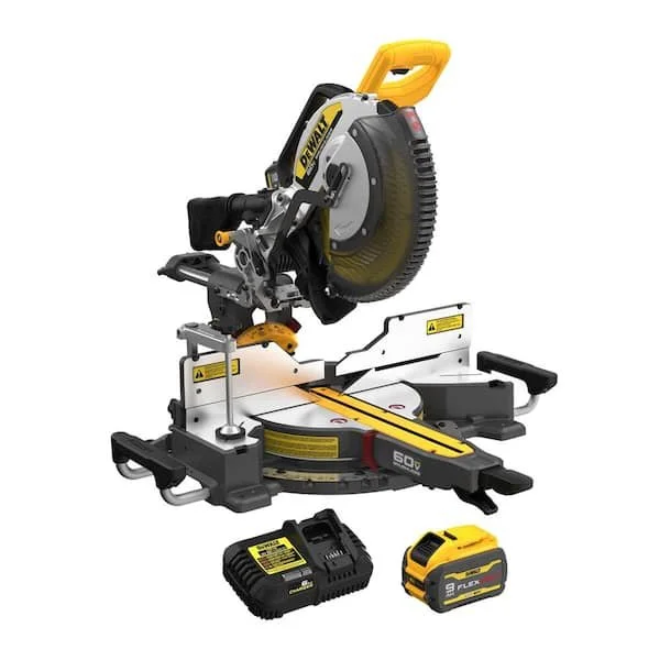 DEWALT 60V MAX 12 inch cordless sliding miter saw kit with 9.0Ah Flexvolt battery and charger shown on sale for $323 off.