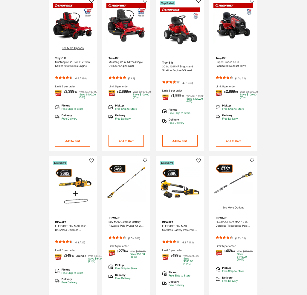 Selection of outdoor power equipment including a riding lawn mower, cordless chainsaw, and pressure washer on sale at Home Depot.