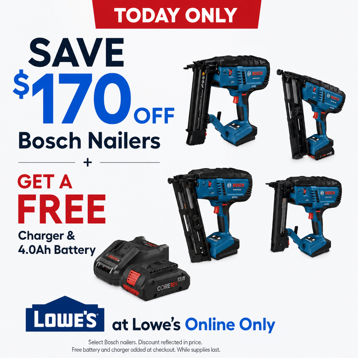 Bosch 18V Brushless Cordless Nailer with free battery and charger deal