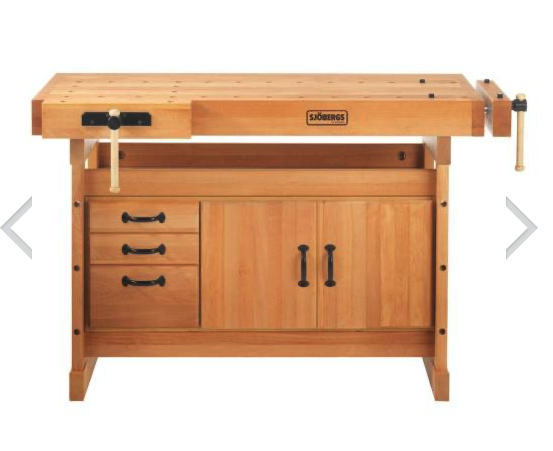 Sjobergs European Beech Scandi 1425 workbench with two vises and storage cabinet on sale for $1,799.99