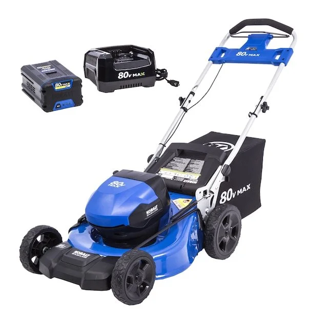 Kobalt 80V 21 inch cordless brushless push lawn mower with steel deck and green 5.0 Ah battery.