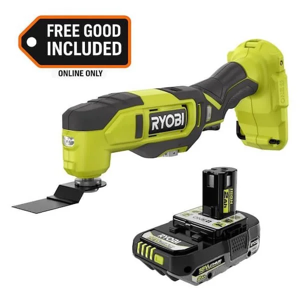 RYOBI ONE+ 18V cordless oscillating multi tool kit with 2.0 Ah high performance battery and various cutting blades.