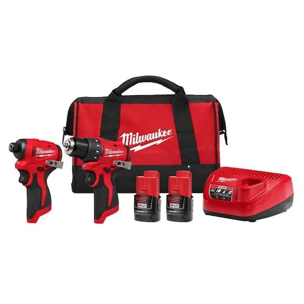 Milwaukee M12 brushless subcompact drill and impact driver combo kit with two batteries, charger, and bag