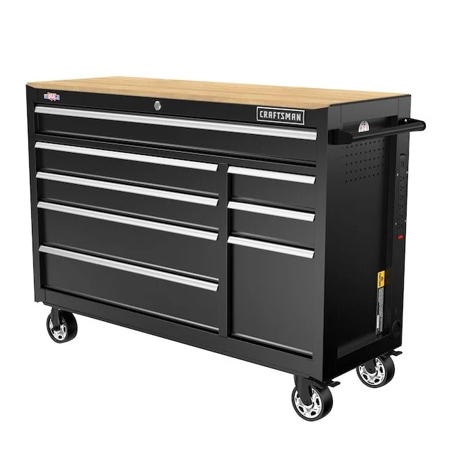 Craftsman 2000 Series 50 inch rolling black wood workbench with 8 drawers and butcher block top showing $100 off deal.