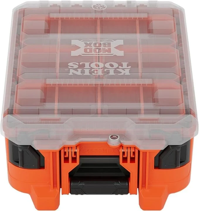 Klein Tools 54500MBX MODbox tall compartment box with clear lid and four removable bins for small parts organization, on sale for $29.98