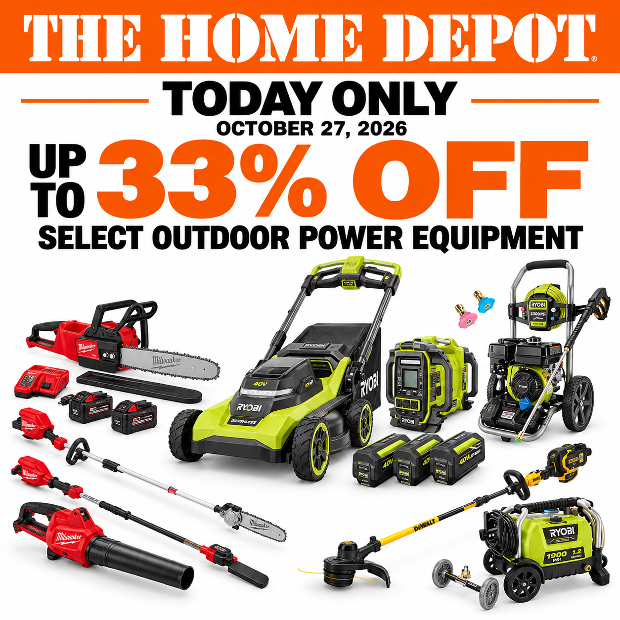 Milwaukee, RYOBI, and DEWALT outdoor power equipment on sale at Home Depot, including trimmers and mowers