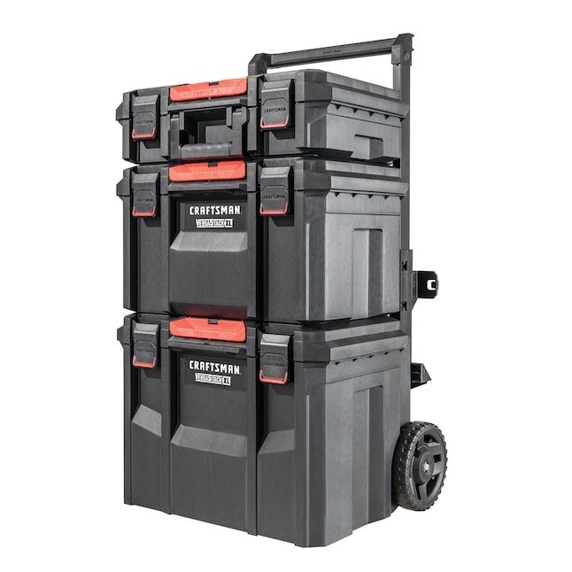 Craftsman VERSASTACK red and black plastic rolling tool box tower with 3 stacked units and 7 inch wheels showing $60 off deal.