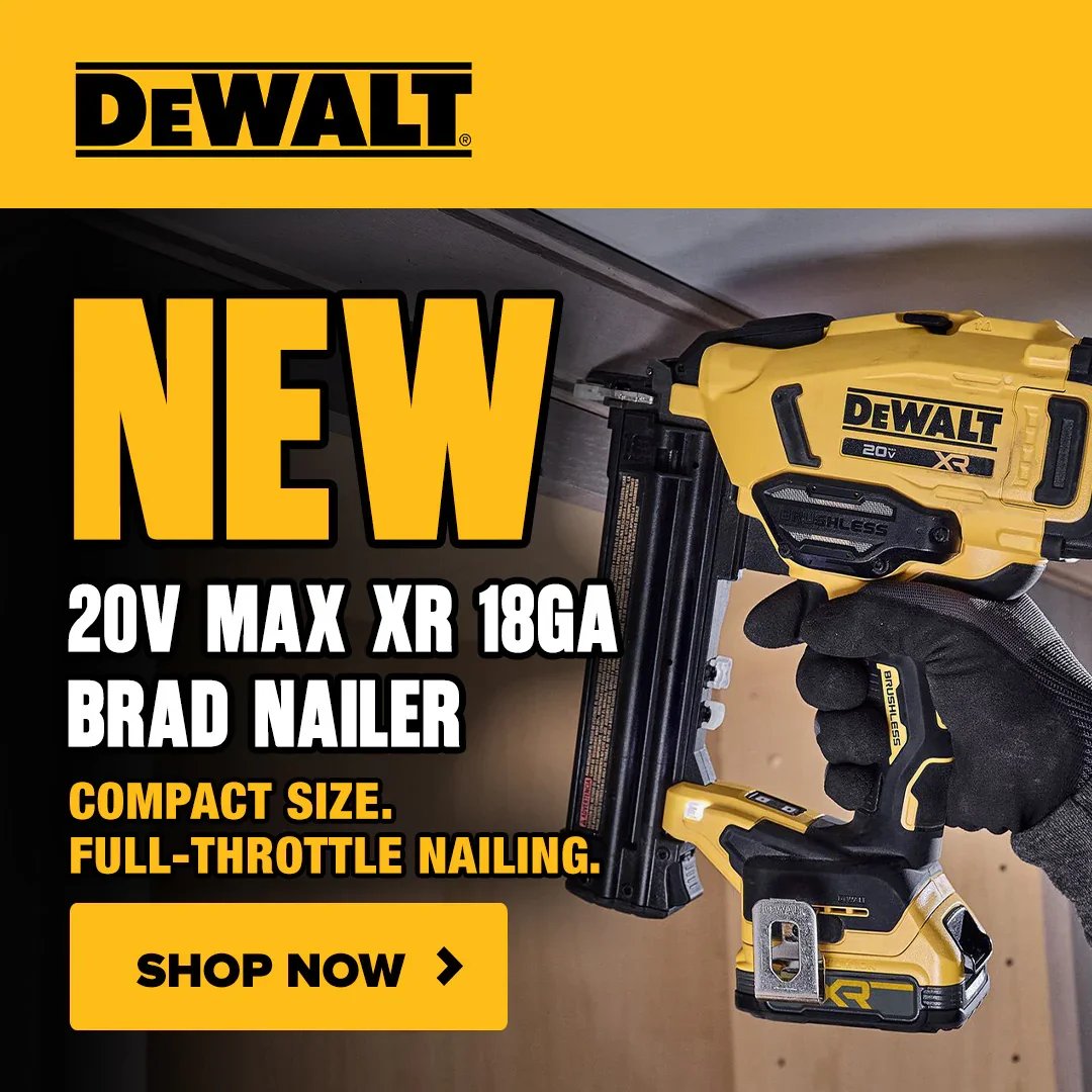 New DeWALT DCN210B 20V MAX XR 18 Gauge Brad Nailer shown as a bare tool and in a combo kit.