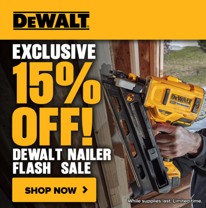 DEWALT 20V MAX brushless cordless framing nailer and finish nailer displayed on a workbench with batteries.
