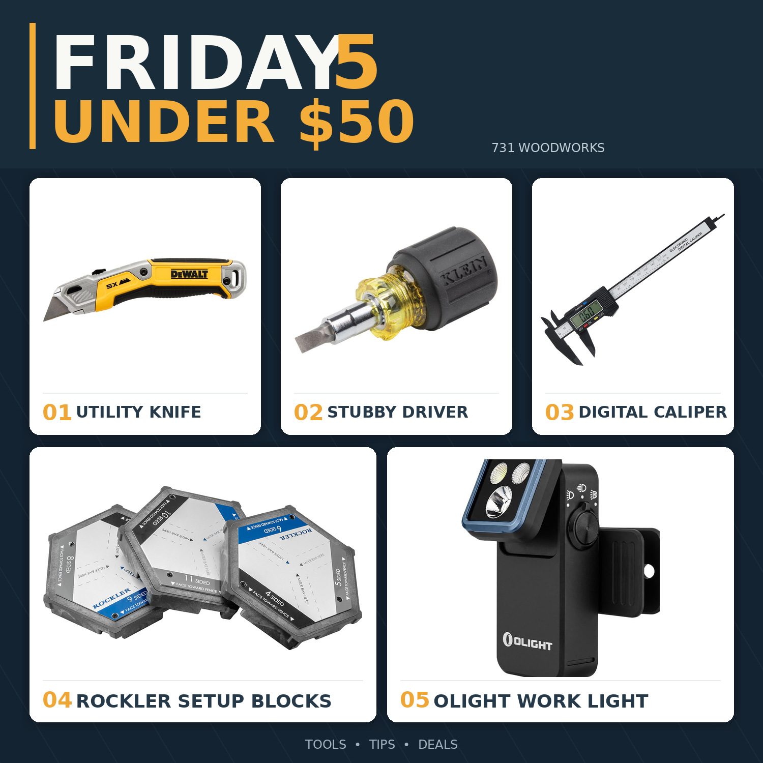Friday 5 under $50 tool deals including Rockler miter setup blocks, Klein stubby screwdriver, DEWALT utility knife, Adoric digital caliper, and OLIGHT Oclip 2 Pro flashlight