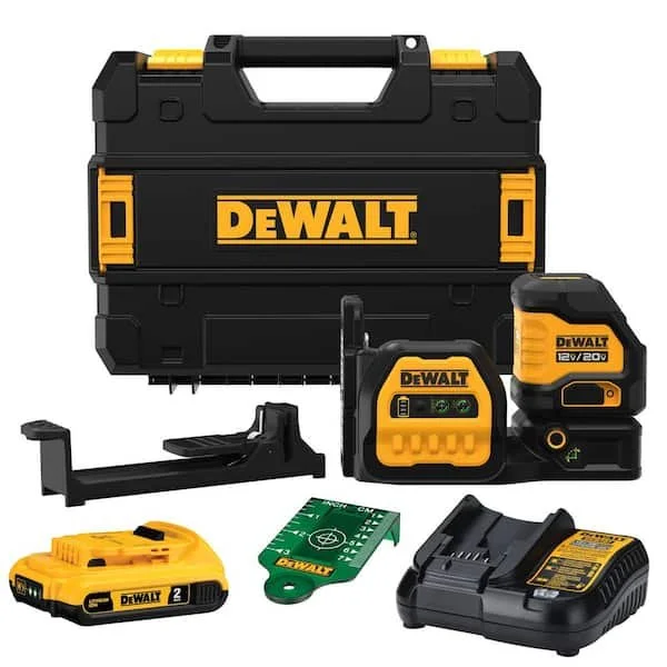 DeWalt 20V Max green cross line laser level kit with battery charger and black TSTAK storage case.