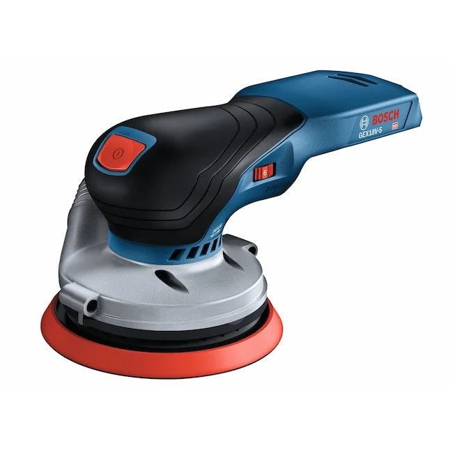 Three Bosch 18V cordless power tools including a random orbit sander displayed on a white background.