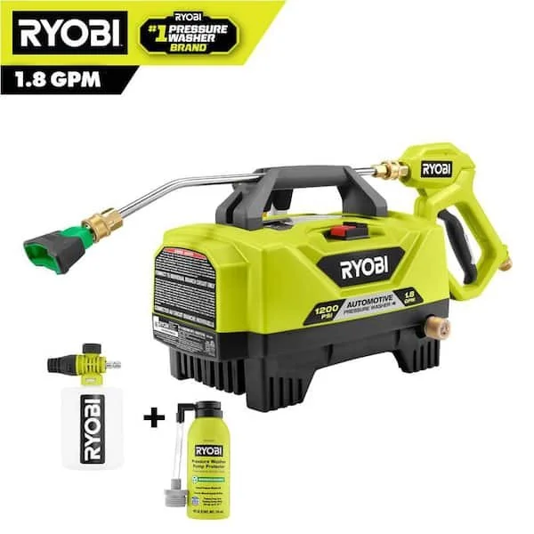 RYOBI 1200 PSI 1.8 GPM Cold Water Automotive High Flow Electric Pressure Washer Kit with 4 oz. Pump Protector, foamer, 40 foot hose, and three quick connect nozzles