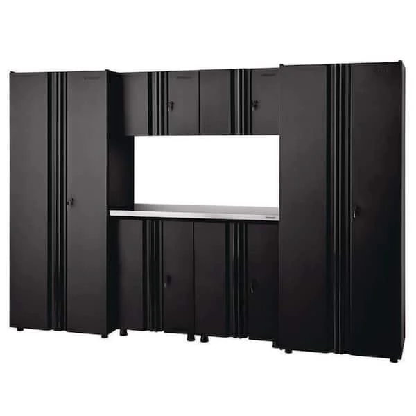 Husky 7 piece regular duty welded steel garage storage system in black with two lockers, two base cabinets, two wall cabinets, and stainless steel work surface on sale at Home Depot for $1,571.25