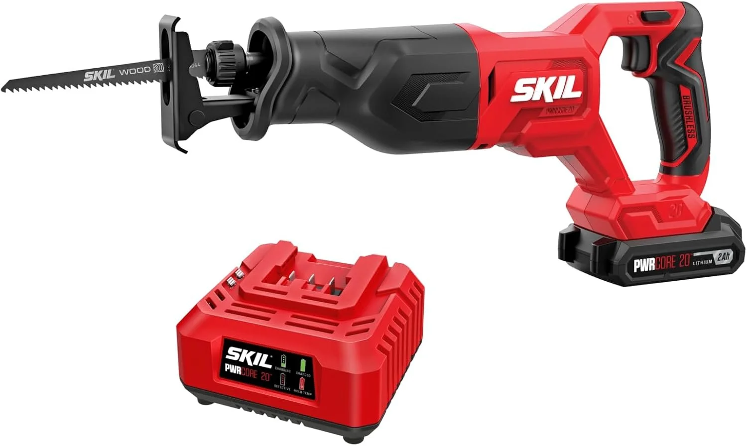 SKIL PWRCORE 20V brushless reciprocating saw kit with 2.0Ah battery, charger, and wood cutting blade.
