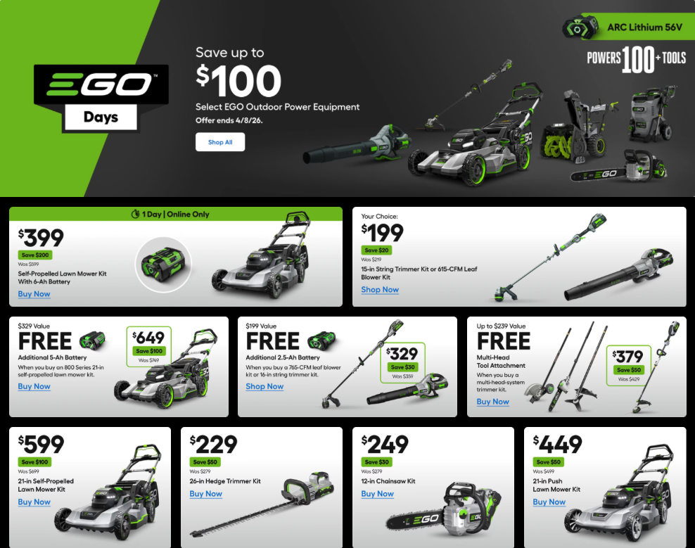 Select EGO Power Plus outdoor equipment including self propelled mowers and leaf blowers on sale at Lowe's during EGO Days