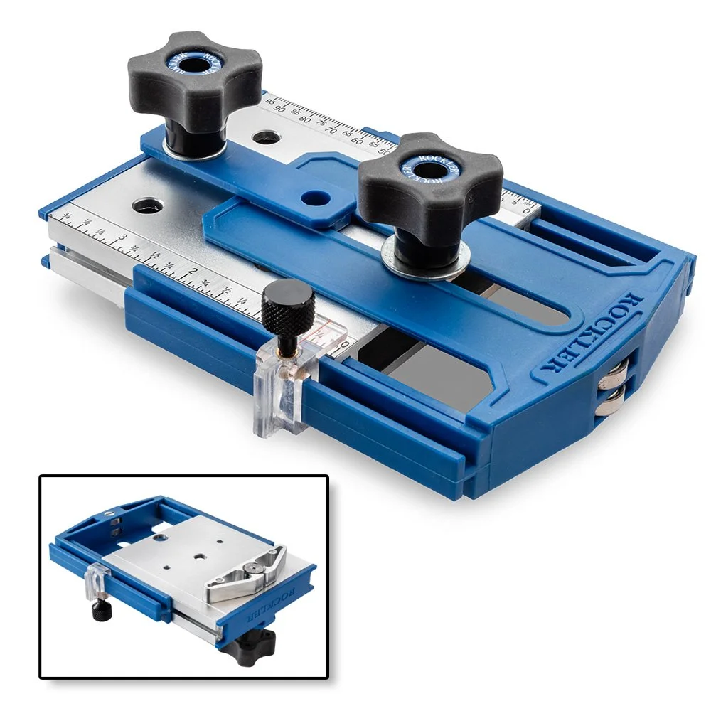 Rockler Thin-Rip Table Saw Jig on a table saw showing the dual ball bearings and four star knob for precise wood strip cutting.