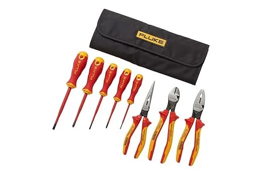 Fluke IKST7 Insulated 8 piece tool kit including screwdrivers and pliers in a black roll up pouch.