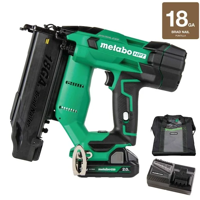 Metabo HPT 18V cordless brad nailer kit with 2.0Ah battery and charger alongside a free 5Ah MultiVolt bonus battery.