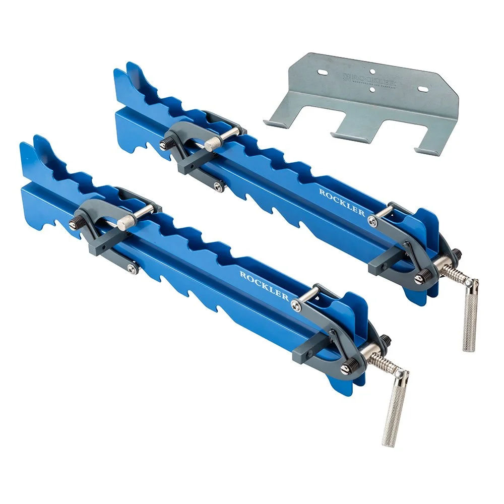Rockler Mini Deluxe Panel Clamps 2 pack with wall rack for flat edge glued panels and cutting boards on sale for $99.99