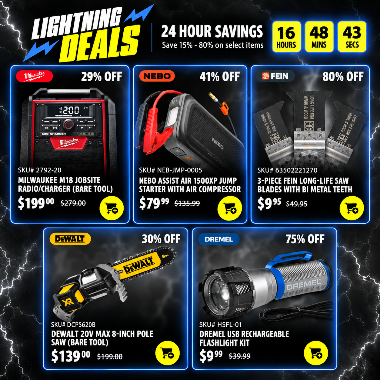 Acme Tools 24 hour flash sale with up to 80% off select Milwaukee, DeWALT, Fein, Nebo, and Dremel tools
