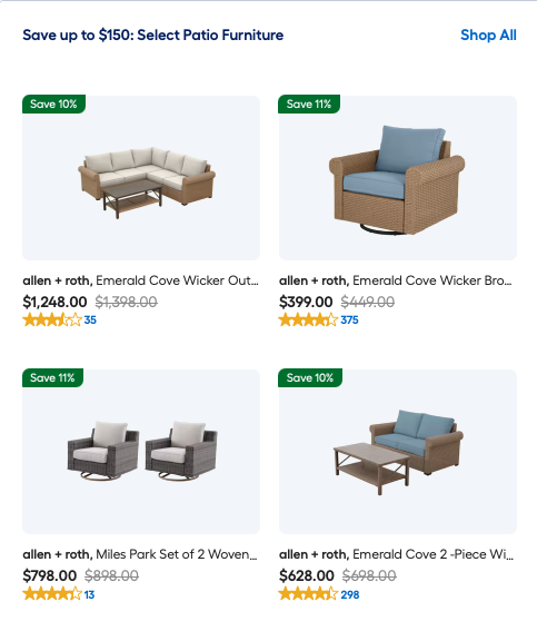 Lowe's patio furniture sale featuring allen + roth wicker conversation sets and outdoor dining tables on a backyard deck.