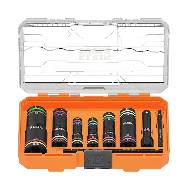 Klein Tools Quad 24 deep well heavy duty impact flip socket set with color coded rings and KNECT adapter on a white background showing 40% off deal at Lowe's.