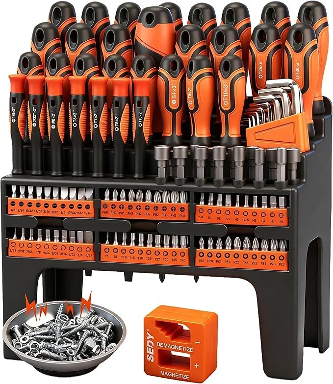 124 piece magnetic screwdriver set with plastic storage rack and precision tools for home repair