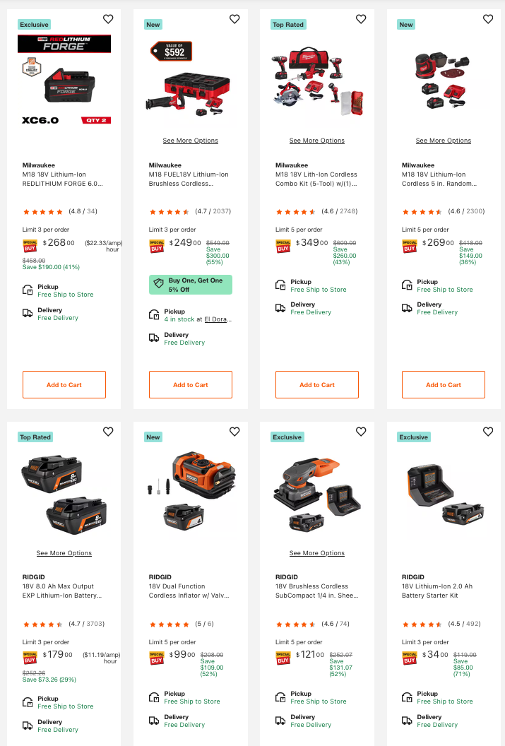 The Home Depot today only sale with up to 50% off select power tools and combo kits for shops, garages, and job sites.