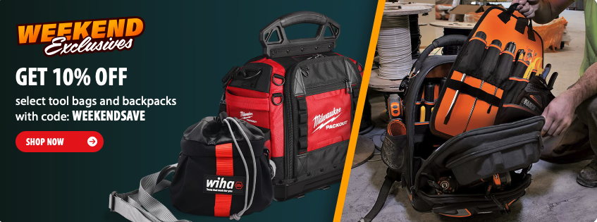 A collection of rugged tool bags and backpacks designed for professional storage and mobility