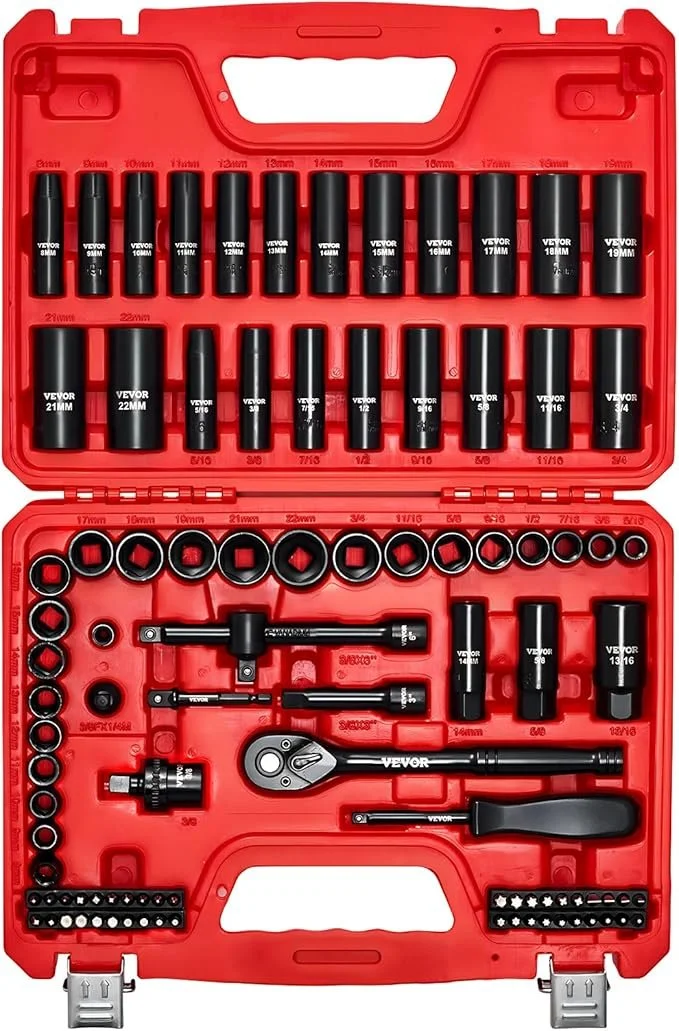 VEVOR 96 Piece 3/8 inch drive impact socket wrench and bit set with SAE and metric sockets, ratchet, and carrying case