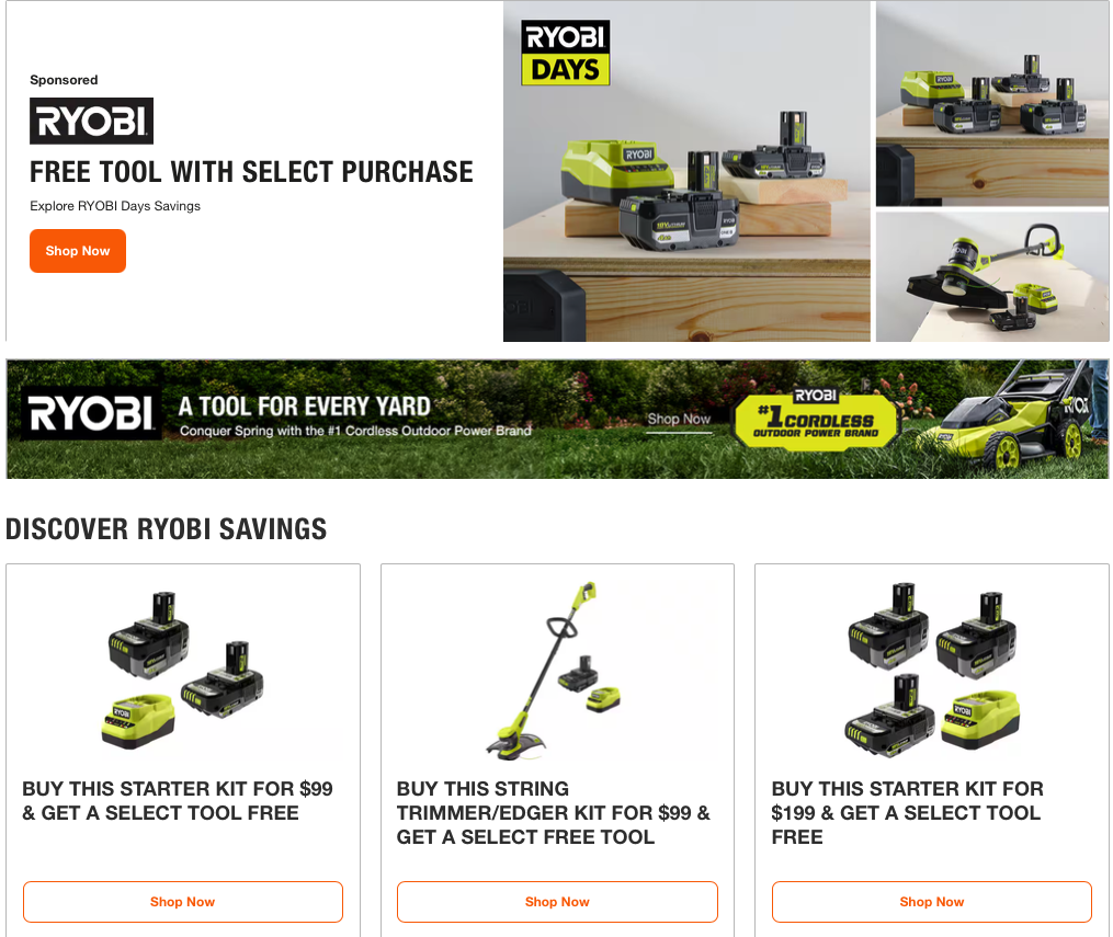 Select RYOBI ONE plus cordless power tools and battery starter kits on sale with a free tool promotion at Home Depot