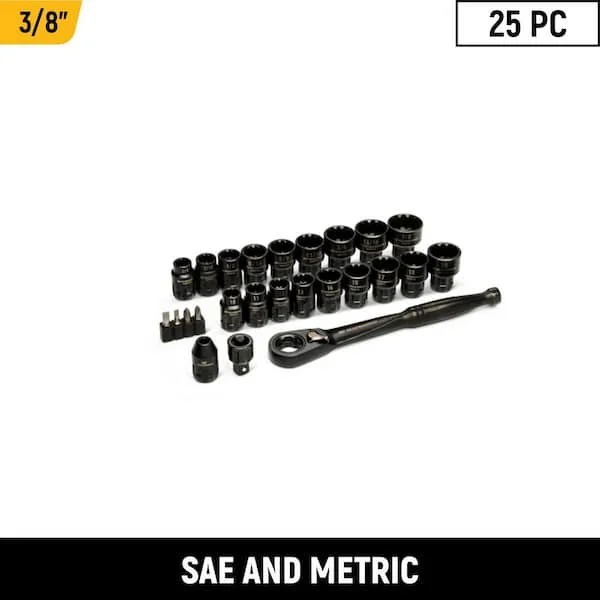 GEARWRENCH 25 piece 3/8 inch drive pass thru ratchet and socket set with black oxide finish on storage rails.