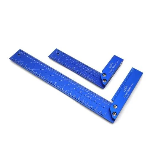 iGaging 7 inch and 12 inch anodized aluminum layout square set with mechanical pencil showing scribing holes and magnetic base on a blue background.